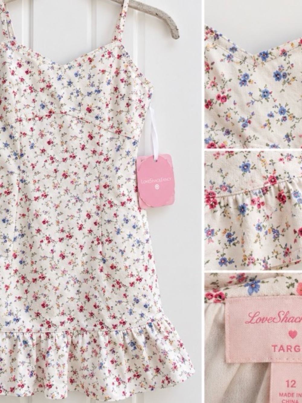 LoveShackFancy Kids Cream Floral Spaghetti-Strap Ruffle Dress